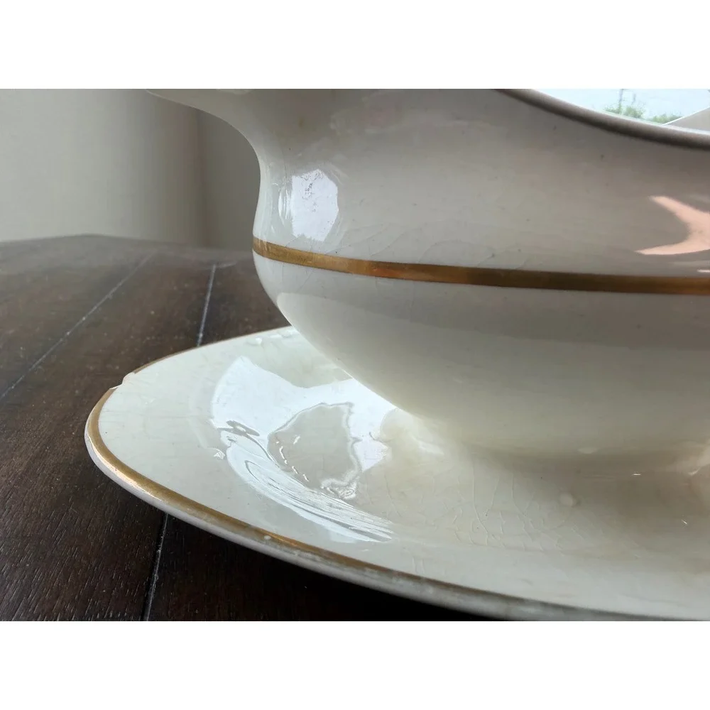 Antique Johnson Bros England Gravy Boat & Underplate Gold Trim Cream China